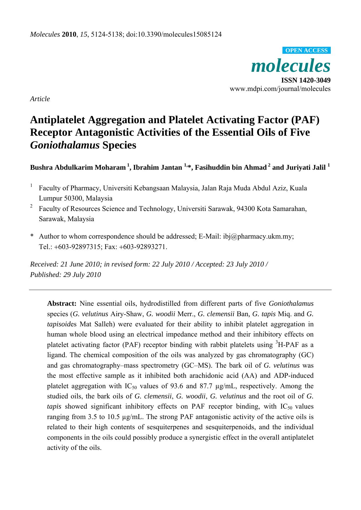 Antiplatelet Aggregation and Platelet Activating Factor (PAF) Receptor Antagonistic Activities of the Essential Oils of Five Goniothalamus Species by Bushra Abdulkarim Moharam & Ibrahim Jantan & Fasihuddin bin Ahmad & Juriyati Jalil