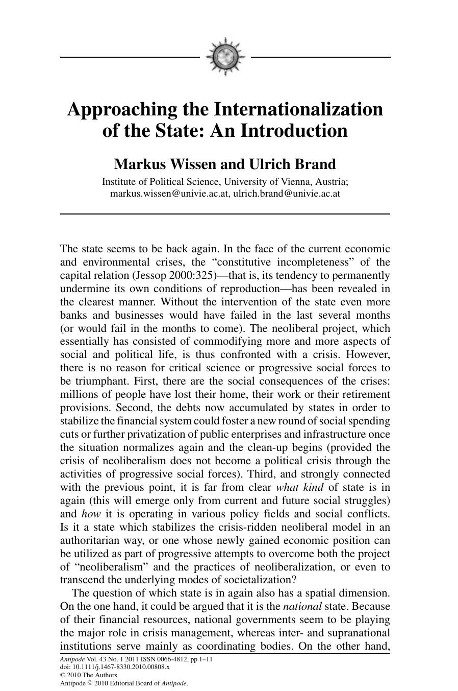 Antipode A Radical Journal of Geography, Volume 43, Issue 1, 2011 by Wendy Larner (ed)