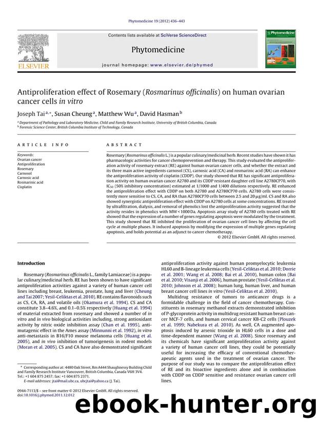 Antiproliferation effect of Rosemary (Rosmarinus officinalis) on human ovarian cancer cells in vitro by Joseph Tai