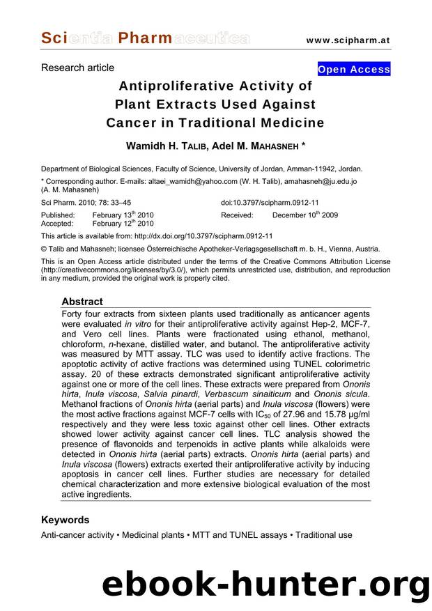 Antiproliferative Activity of Plant Extracts Used Against Cancer in Traditional Medicine by Wamidh H. TALIB & Adel M. MAHASNEH