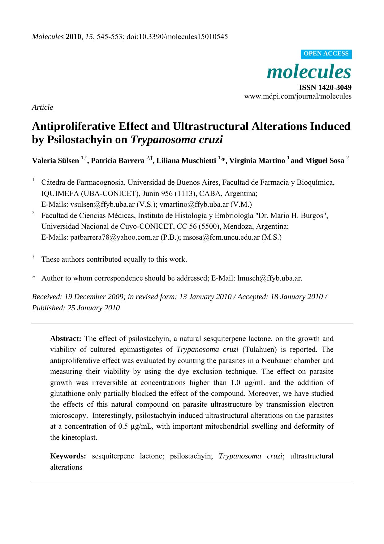 Antiproliferative Effect and Ultrastructural Alterations Induced by Psilostachyin on Trypanosoma cruzi by Valeria Sülsen & Patricia Barrera & Liliana Muschietti & Virginia Martino & Miguel Sosa