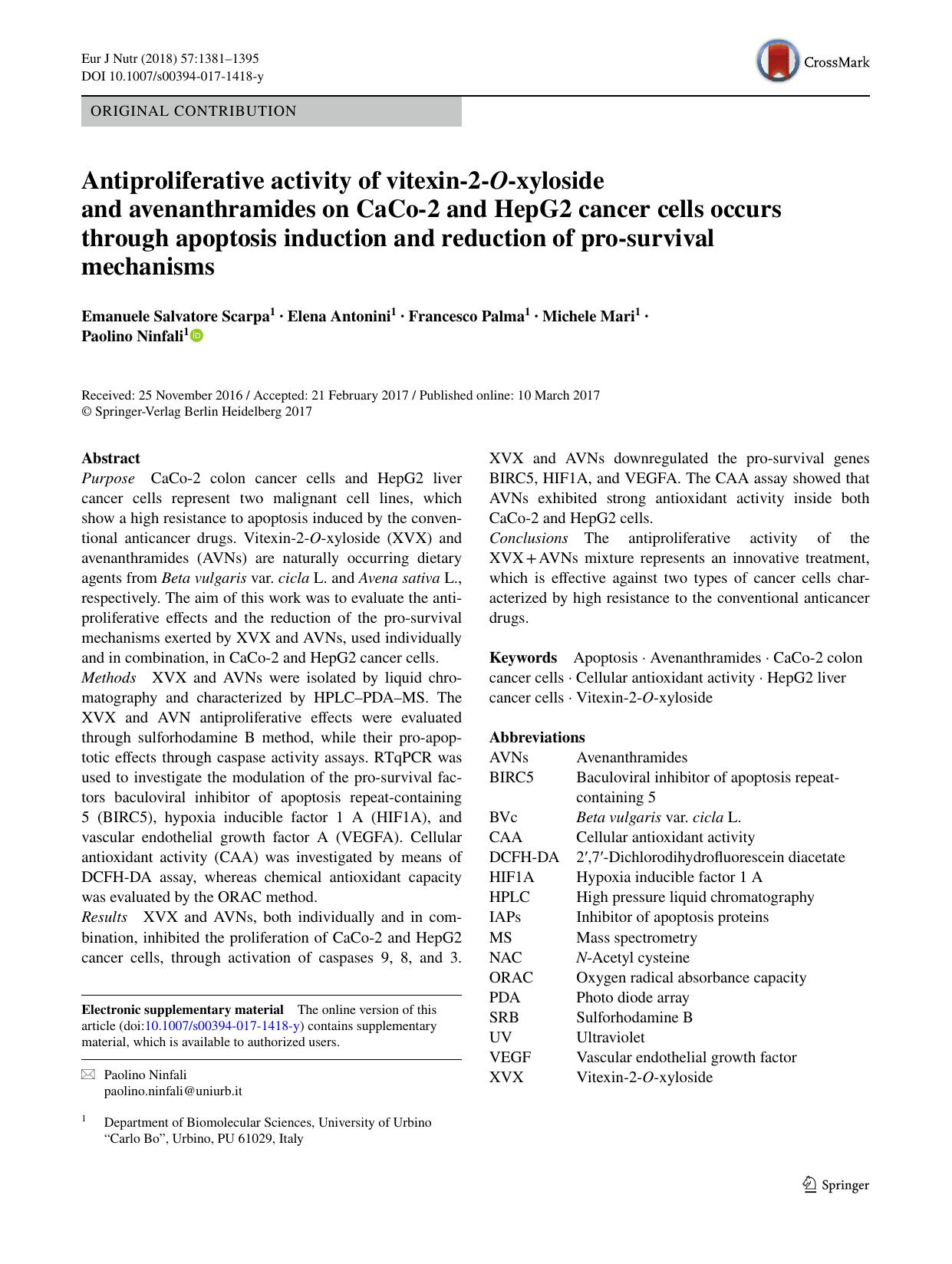 Antiproliferative activity of vitexin-2-O-xyloside and avenanthramides on CaCo-2 and HepG2 cancer cells occurs through apoptosis induction and reduction of pro-survival mechanisms by Emanuele Salvatore Scarpa