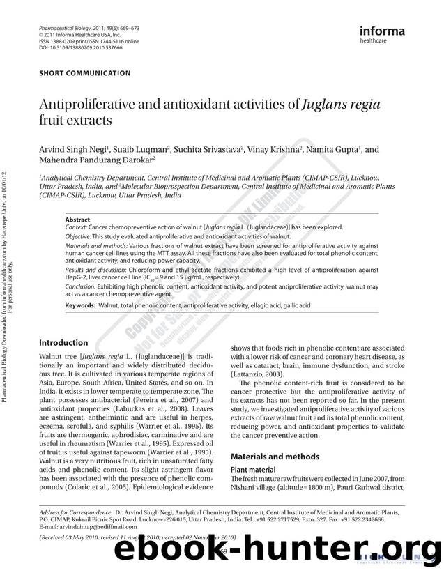 Antiproliferative and antioxidant activities of Juglans regia fruit extracts by unknow