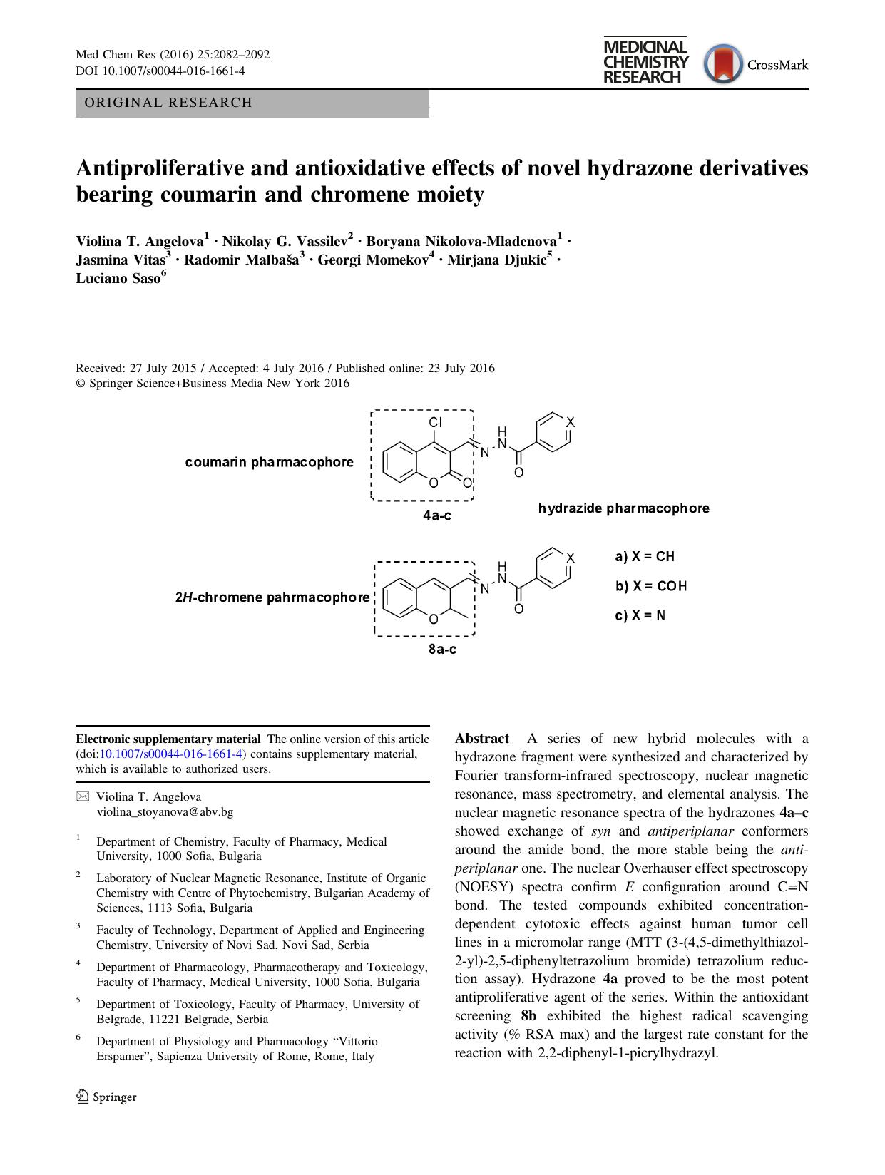 Antiproliferative and antioxidative effects of novel hydrazone derivatives bearing coumarin and chromene moiety by unknow