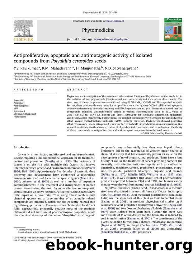 Antiproliferative, apoptotic and antimutagenic activity of isolated compounds from Polyalthia cerasoides seeds by Y.S. Ravikumar; K.M. Mahadevan; H. Manjunatha; N.D. Satyanarayana