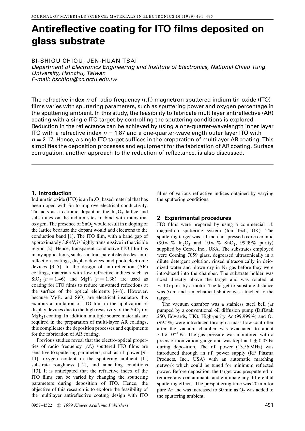 Antireflective coating for ITO films deposited on glass substrate by Unknown