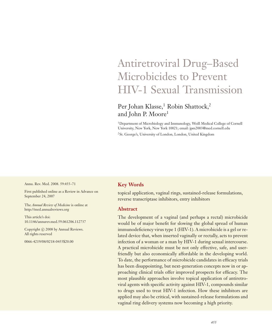 Antiretroviral Drug-Based Microbicides to Prevent HIV-1 Sexual Transmission by Per Johan Klasse 1 Robin Shattock 2 and John P. Moore 1
