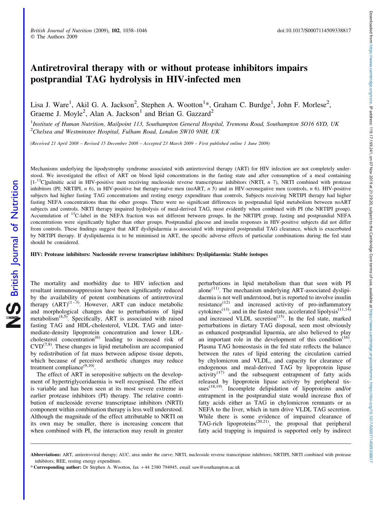 Antiretroviral therapy with or without protease inhibitors impairs postprandial TAG hydrolysis in HIV-infected men by unknow