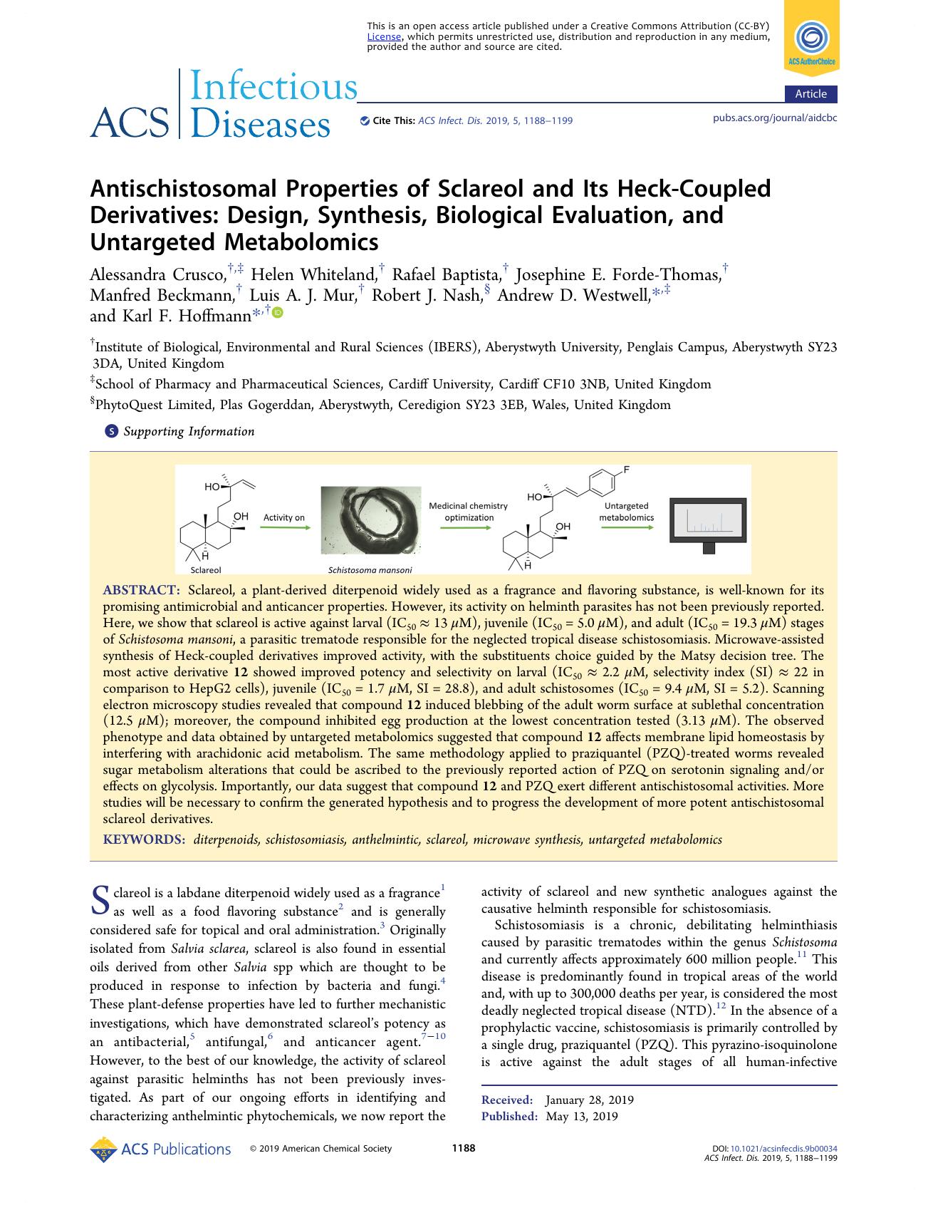 Antischistosomal Properties of Sclareol and Its Heck-Coupled Derivatives: Design, Synthesis, Biological Evaluation, and Untargeted Metabolomics by unknow