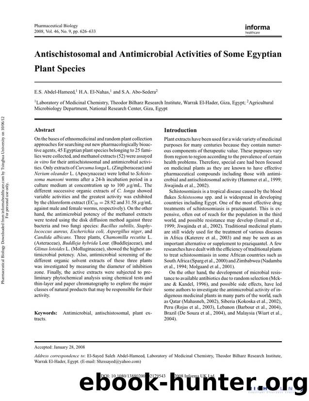 Antischistosomal and Antimicrobial Activities of Some Egyptian Plant Species by E.S. Abdel-Hameed H.A. El-Nahas S.A. Abo-Sedera