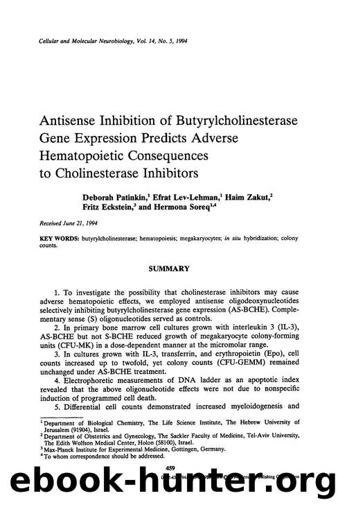 Antisense inhibition of butyrylcholinesterase gene expression predicts adverse hematopoietic consequences to cholinesterase inhibitors by Unknown