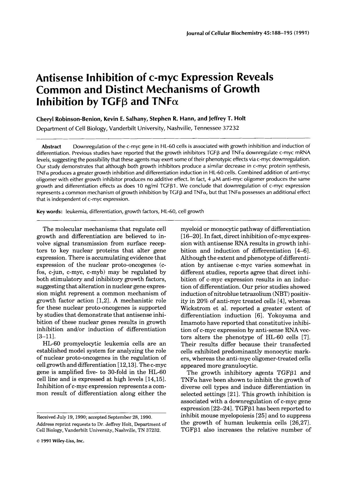 Antisense inhibition of c-myc expression reveals common and distinct mechanisms of growth inhibition by TGF[beta] and TNF[alpha] by Unknown