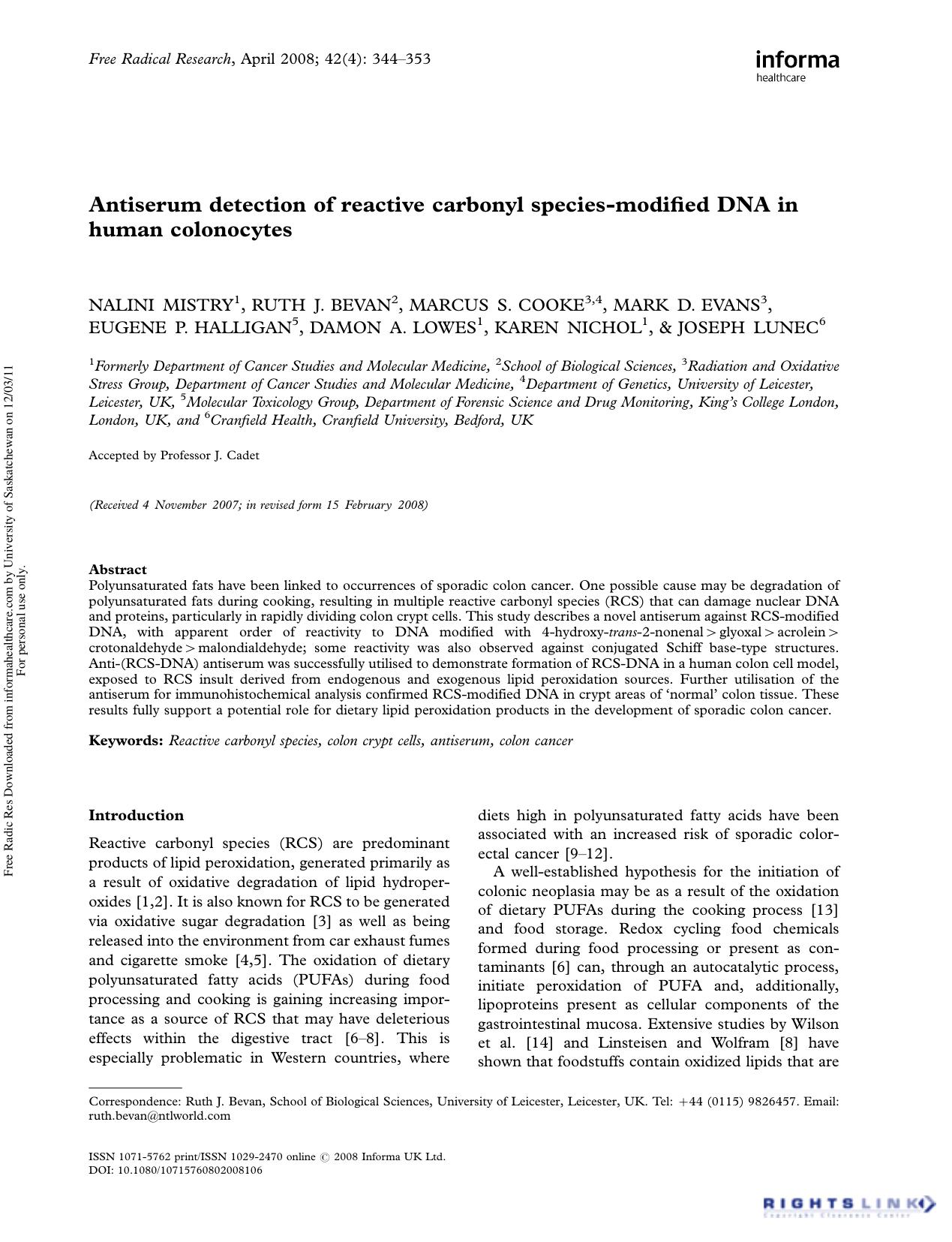 Antiserum detection of reactive carbonyl species-modified DNA in human colonocytes by unknow