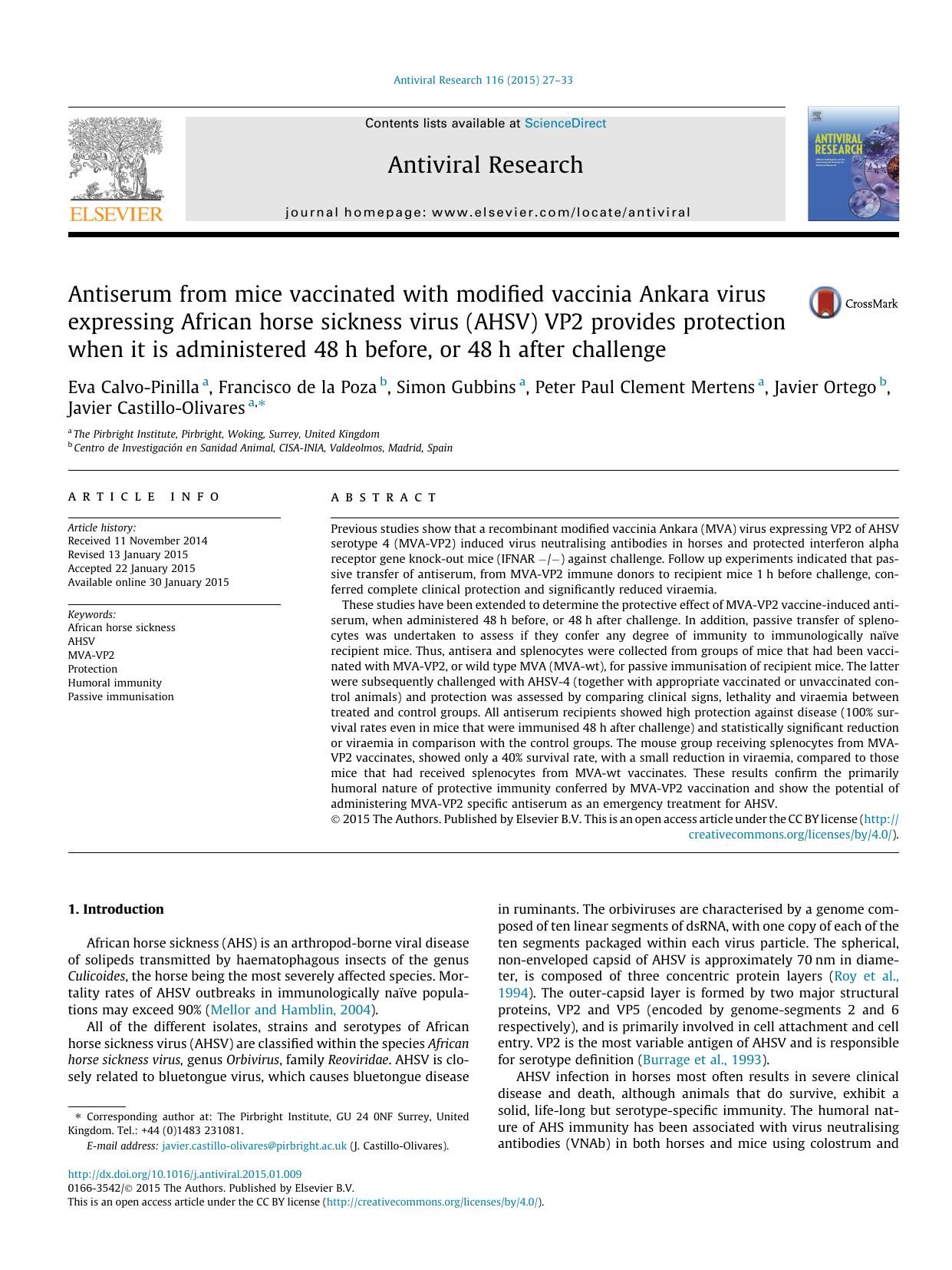 Antiserum from mice vaccinated with modified vaccinia Ankara virus expressing African horse sickness virus (AHSV) VP2 provides protection when it is administered 48h before, or 48h after challenge by unknow