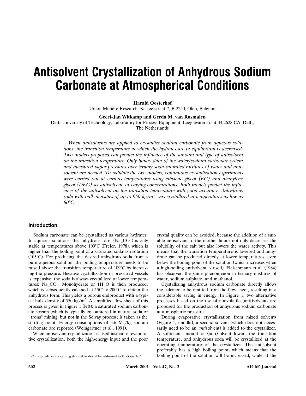 Antisolvent crystallization of anhydrous sodium carbonate at atmospherical conditions by ?