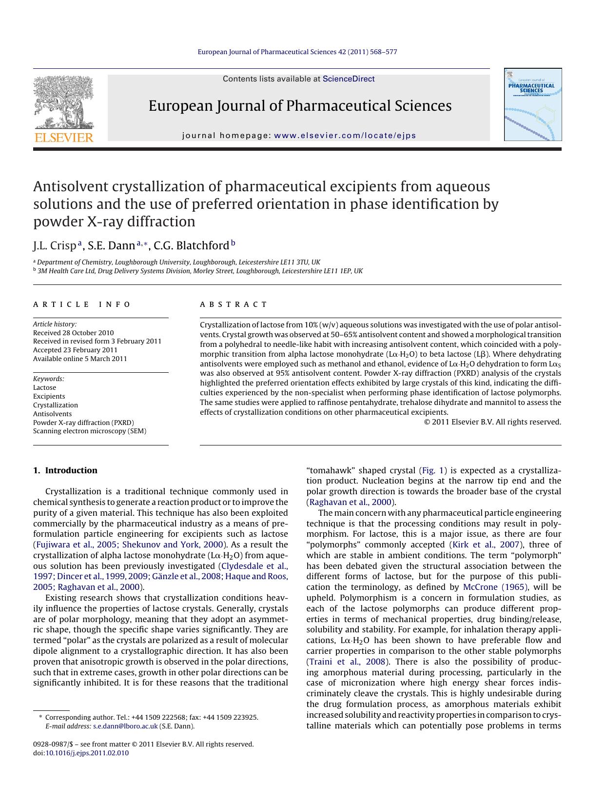 Antisolvent crystallization of pharmaceutical excipients from aqueous solutions and the use of preferred orientation in phase identification by powder X-ray diffraction by J.L. Crisp