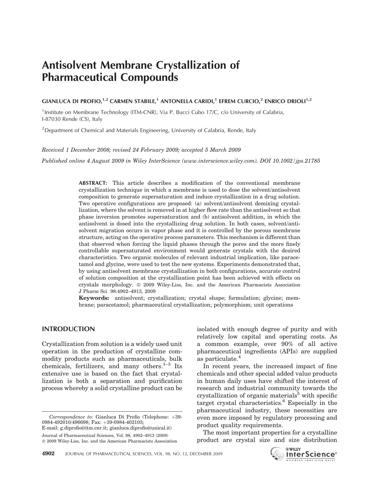 Antisolvent membrane crystallization of pharmaceutical compounds by Unknown