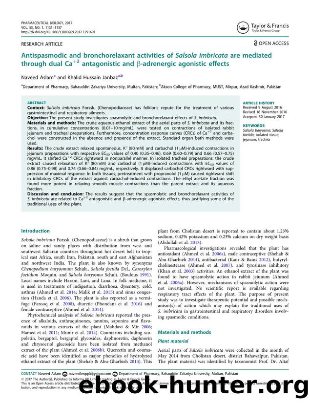 Antispasmodic and bronchorelaxant activities of Salsola imbricata are mediated through dual Ca+2 antagonistic and Î²-adrenergic agonistic effects by Aslam Naveed & Janbaz Khalid Hussain
