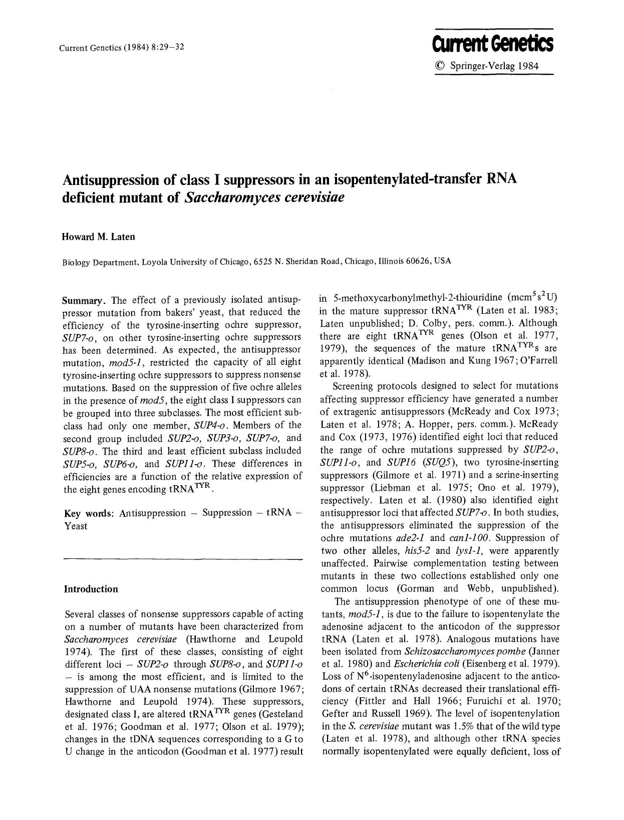 Antisuppression of class I suppressors in an isopentenylated-transfer RNA deficient mutant of <Emphasis Type="Italic">Saccharomyces cerevisiae<Emphasis> by Unknown