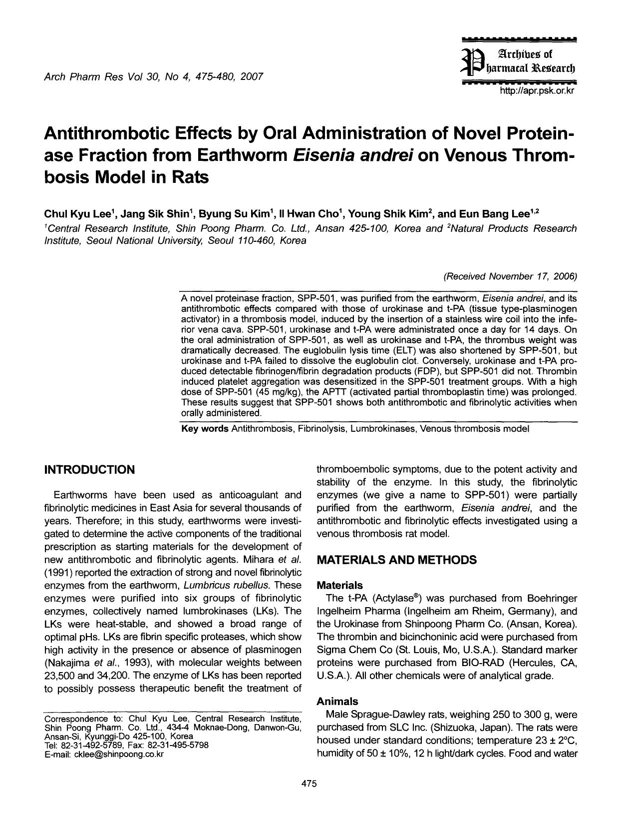 Antithrombotic effects by oral administration of novel proteinase fraction from earthworm eisenia andrei on venous thrombosis model in rats by Unknown