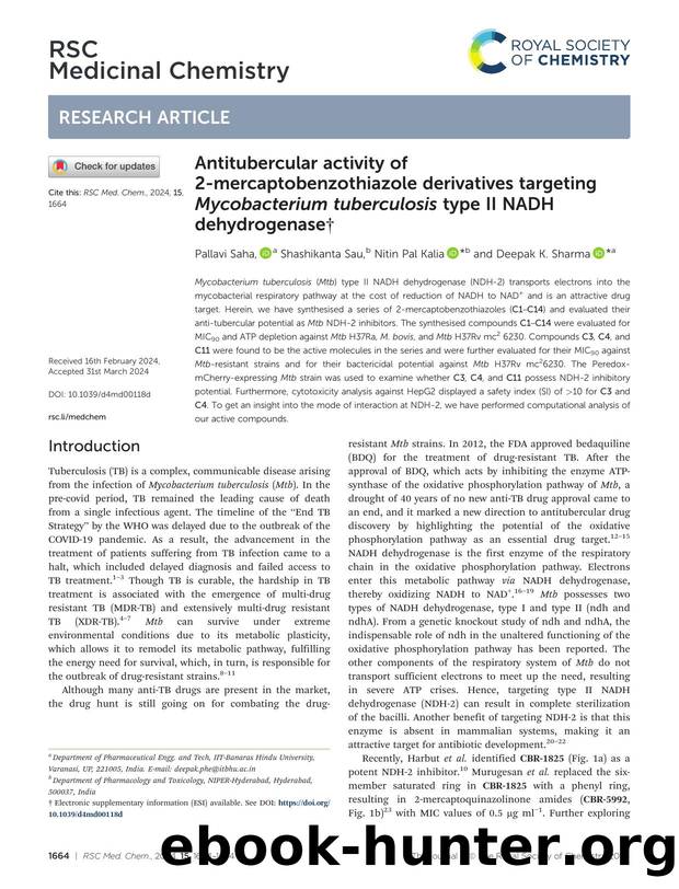 Antitubercular activity of 2-mercaptobenzothiazole derivatives targeting Mycobacterium tuberculosis type II NADH dehydrogenase by Pallavi Saha & Shashikanta Sau & Nitin Pal Kalia & Deepak K. Sharma