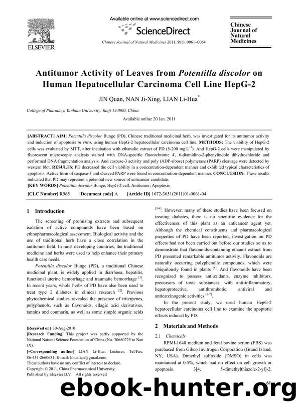 Antitumor Activity of Leaves from Potentilla discolor on Human Hepatocellular Carcinoma Cell Line HepG-2 by Quan JIN & Ji-Xing NAN & Li-Hua LIAN