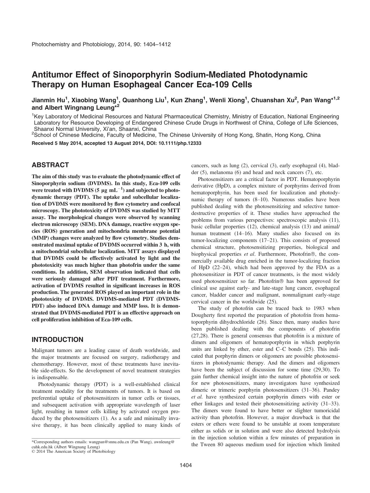 Antitumor Effect of Sinoporphyrin SodiumMediated Photodynamic Therapy on Human Esophageal Cancer Eca109 Cells by Unknown