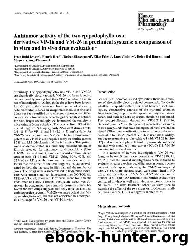 Antitumor activity of the two epipodophyllotoxin derivatives VP-16 and VM-26 in preclinical systems: a comparison of in vitro and in vivo drug evaluation by Unknown