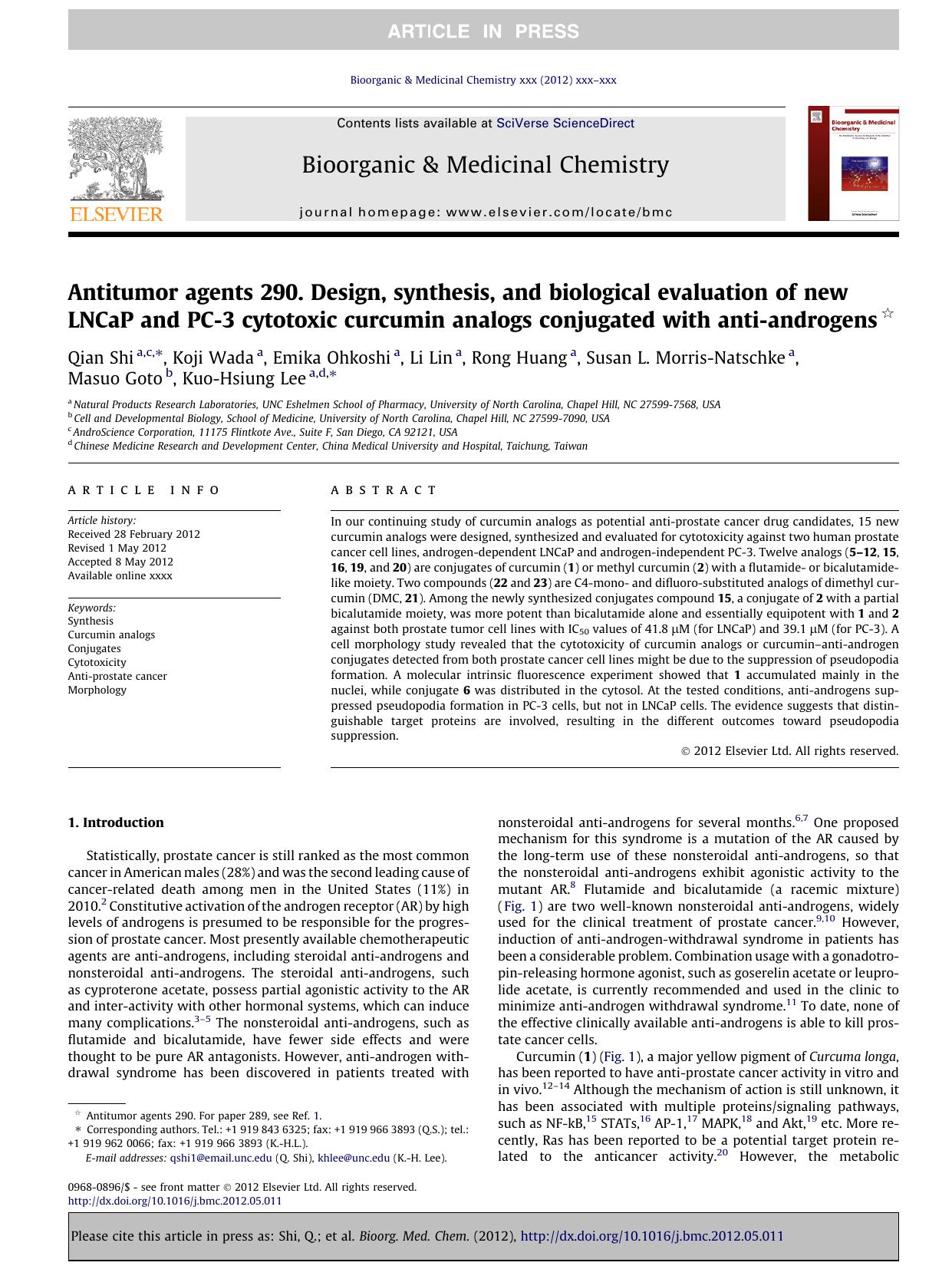 Antitumor agents 290. Design, synthesis, and biological evaluation of new LNCaP and PC-3 cytotoxic curcumin analogs conjugated with anti-androgens by unknow