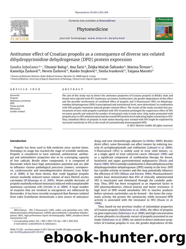 Antitumor effect of Croatian propolis as a consequence of diverse sex-related dihydropyrimidine dehydrogenase (DPD) protein expression by Sandra SoboÄ•anec