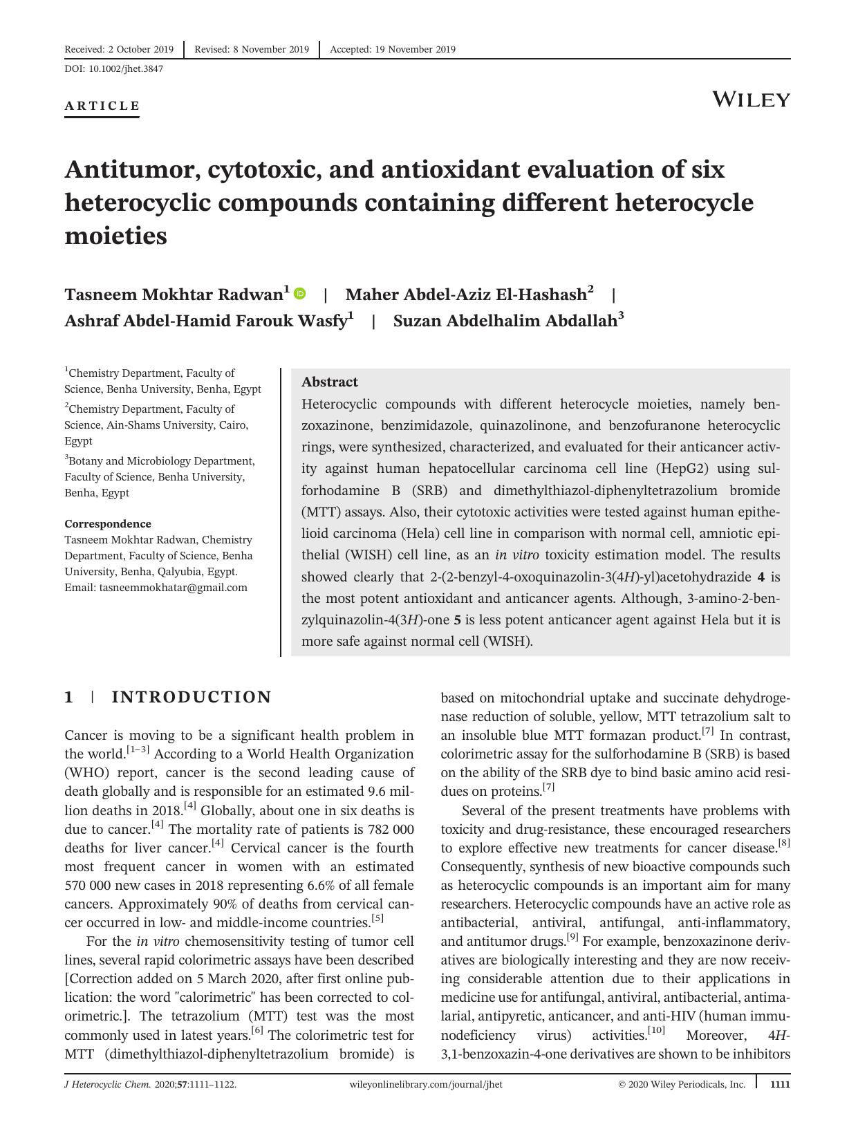 Antitumor, cytotoxic, and antioxidant evaluation of six heterocyclic compounds containing different heterocycle moieties by unknow