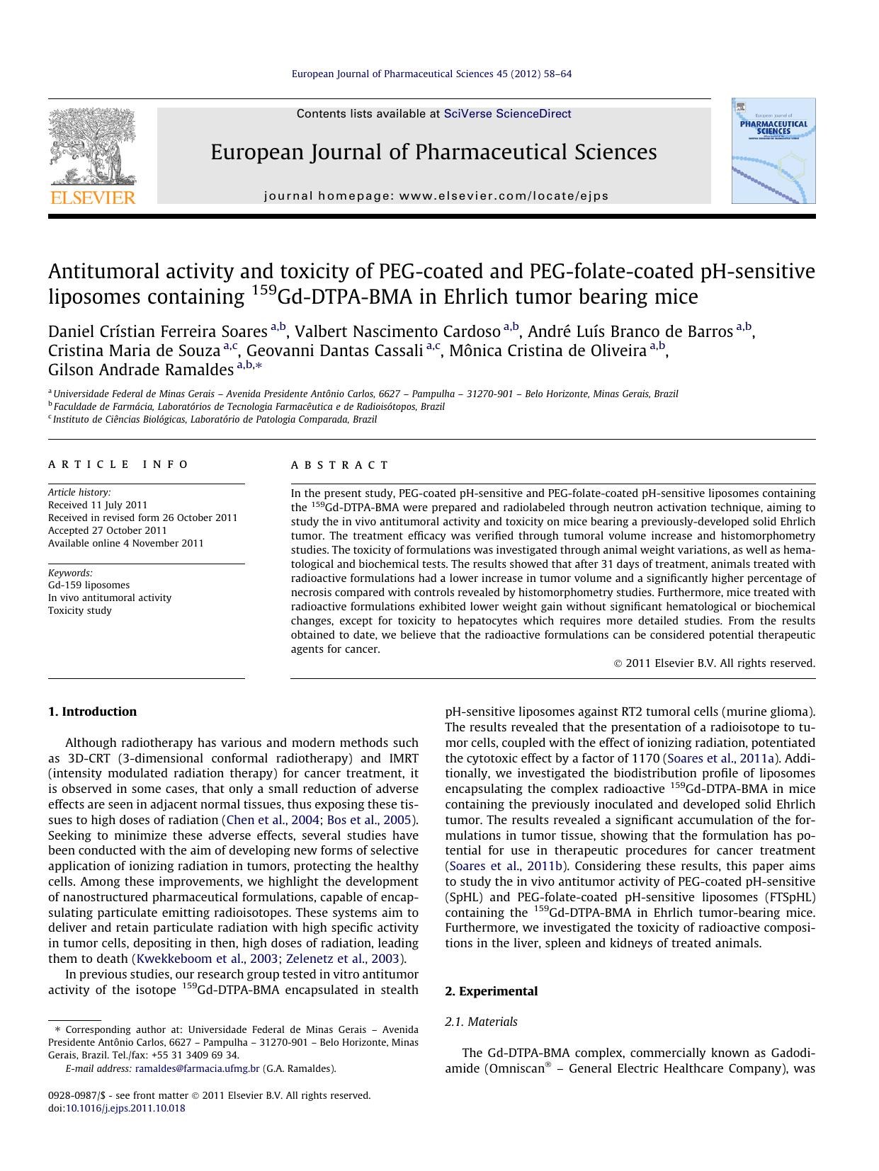 Antitumoral activity and toxicity of PEG-coated and PEG-folate-coated pH-sensitive liposomes containing 159Gd-DTPA-BMA in Ehrlich tumor bearing mice by unknow