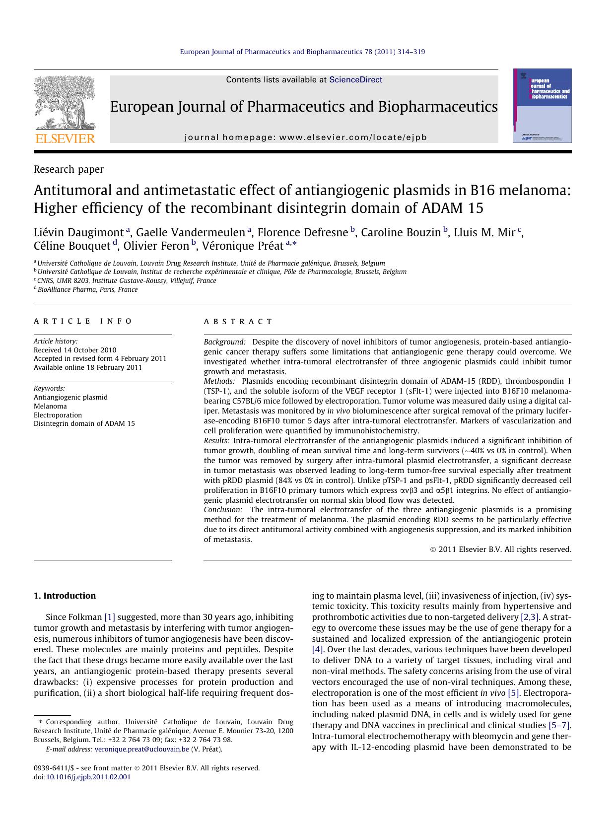 Antitumoral and antimetastatic effect of antiangiogenic plasmids in B16 melanoma: Higher efficiency of the recombinant disintegrin domain of ADAM 15 by unknow