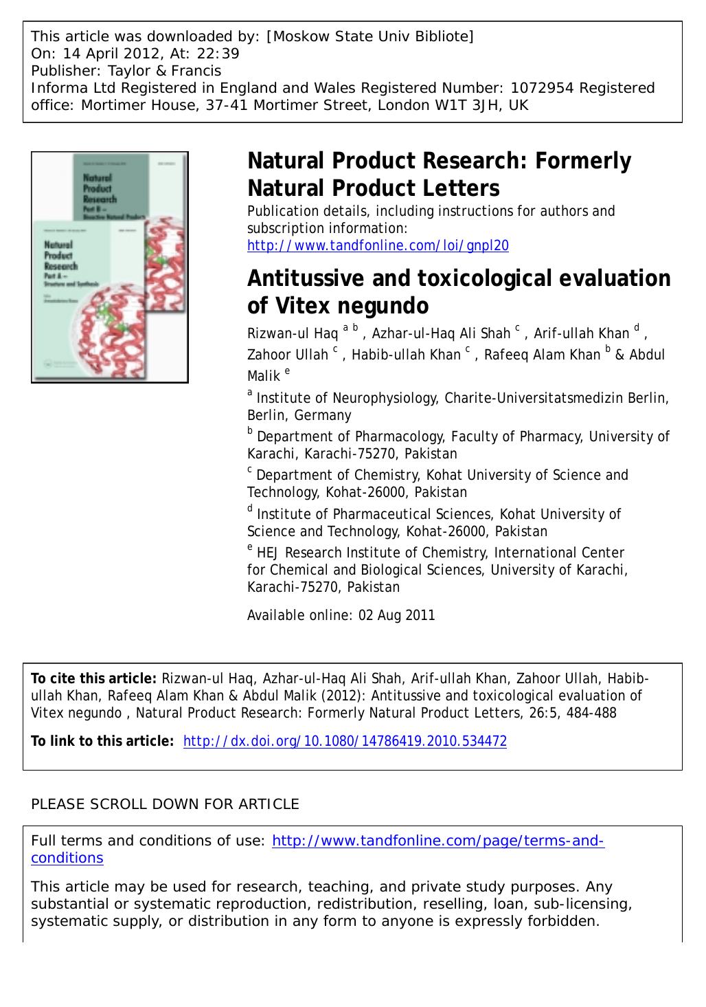 Antitussive and toxicological evaluation of Vitex negundo by unknow