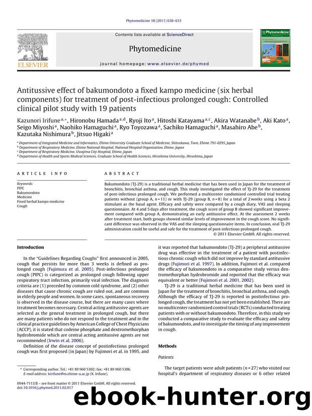 Antitussive effect of bakumondoto a fixed kampo medicine (six herbal components) for treatment of post-infectious prolonged cough: Controlled clinical pilot study with 19 patients by Kazunori Irifune