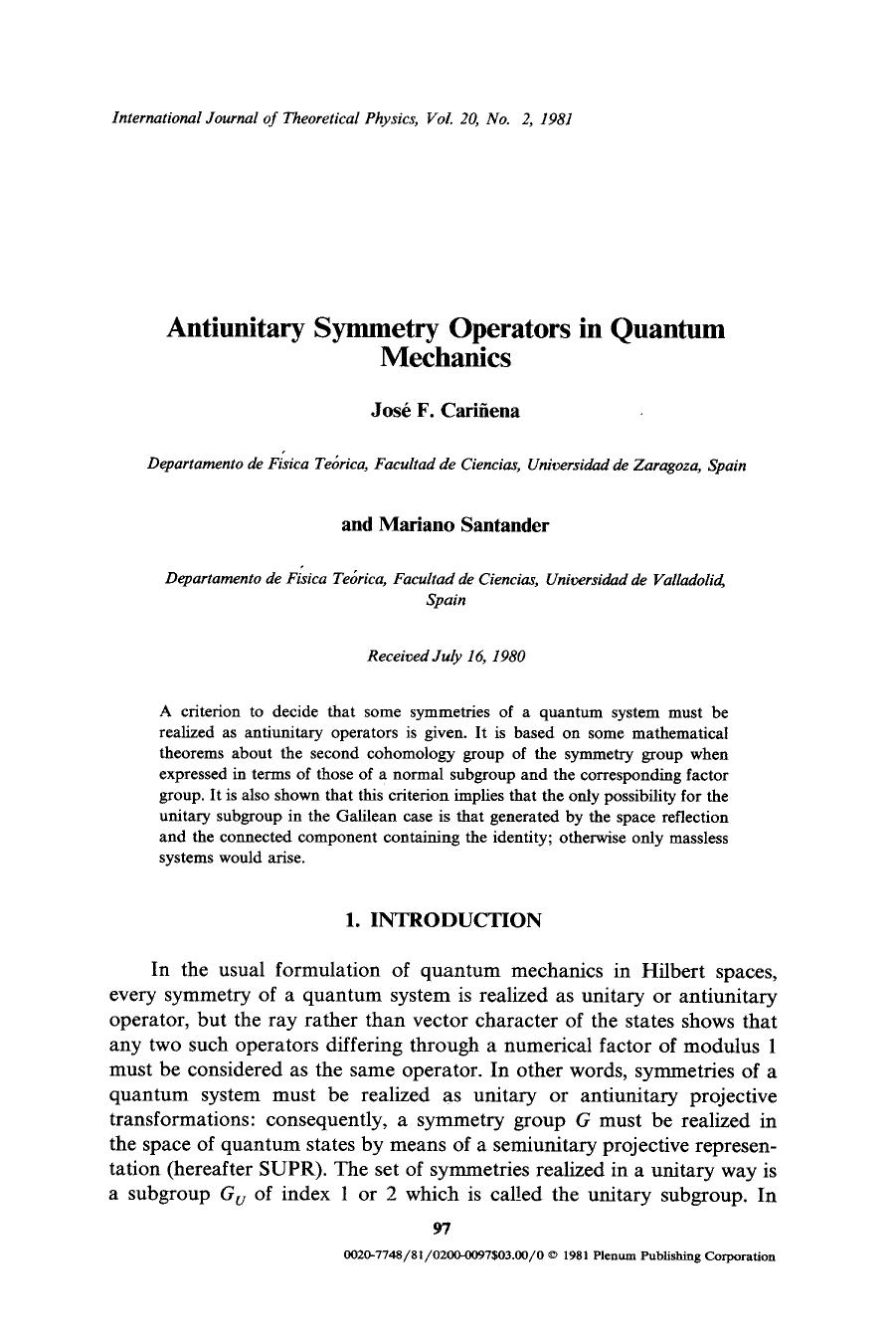 Antiunitary symmetry operators in quantum mechanics by Unknown