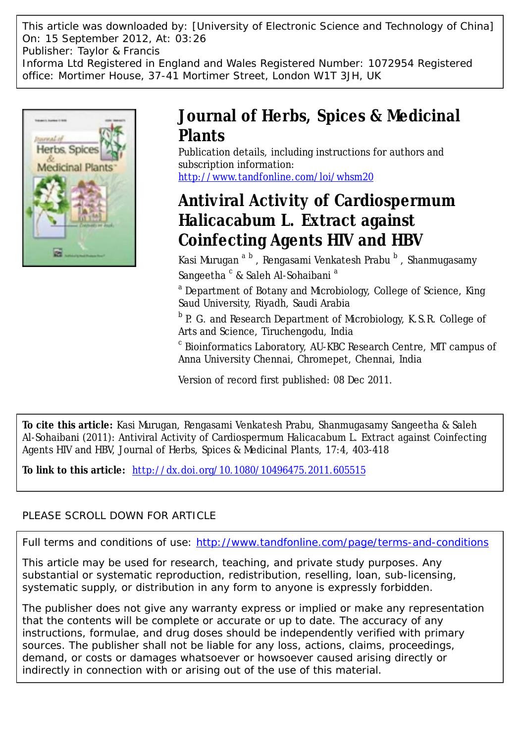 Antiviral Activity of Cardiospermum Halicacabum L. Extract against Coinfecting Agents HIV and HBV by unknow