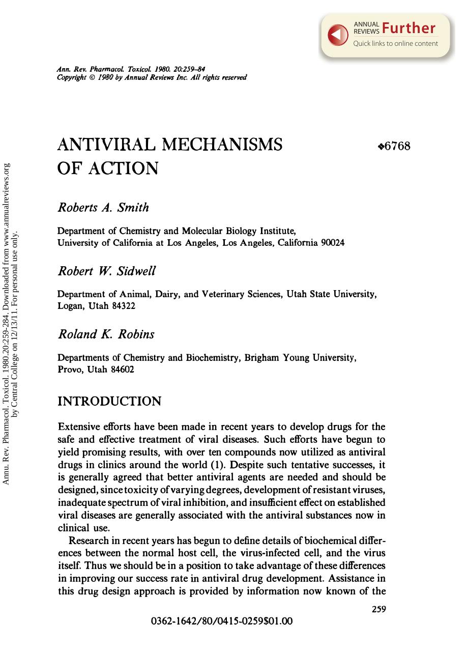 Antiviral Mechanisms of Action by R A Smith R W Sidwell & R K Robins