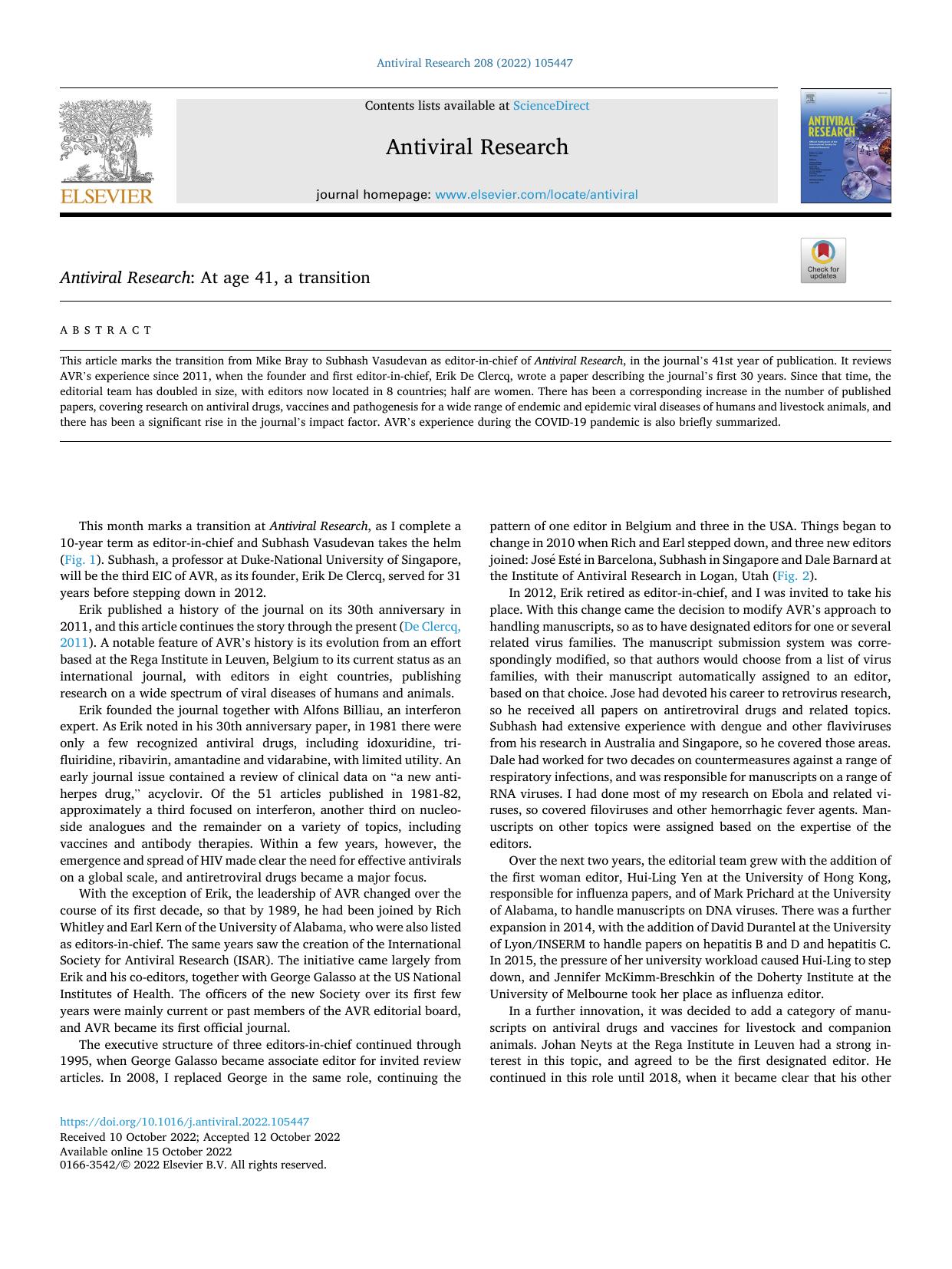 Antiviral Research : At age 41, a transition by Mike Bray