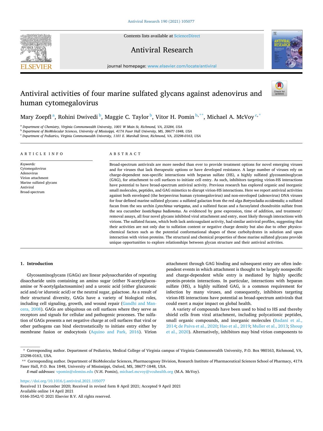 Antiviral activities of four marine sulfated glycans against adenovirus and human cytomegalovirus by Mary Zoepfl & Rohini Dwivedi & Maggie C. Taylor & Vitor H. Pomin & Michael A. McVoy