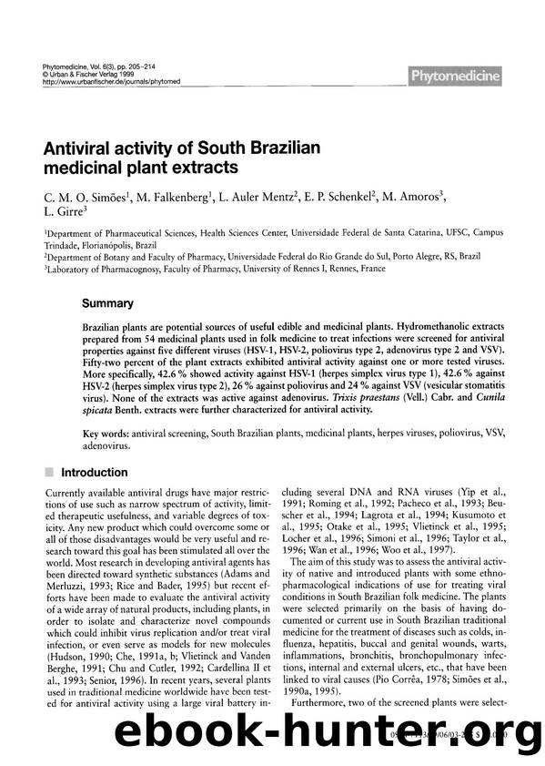 Antiviral activity of South Brazilian medicinal plant extracts by C.M.O. Simões & M. Falkenberg & L. Auler Mentz & E.P. Schenkel & M. Amoros & L. Girre