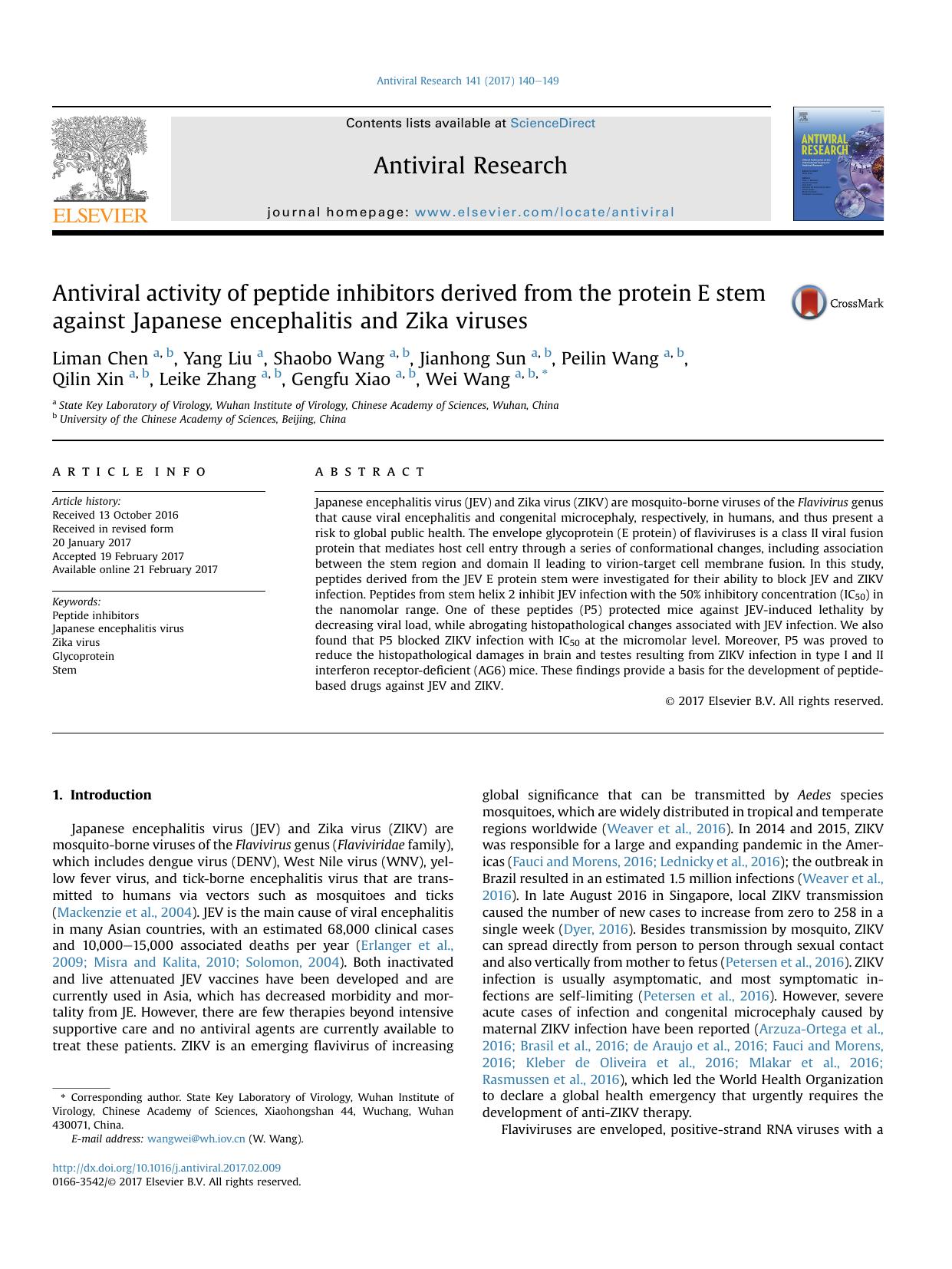 Antiviral activity of peptide inhibitors derived from the protein E stem against Japanese encephalitis and Zika viruses by unknow