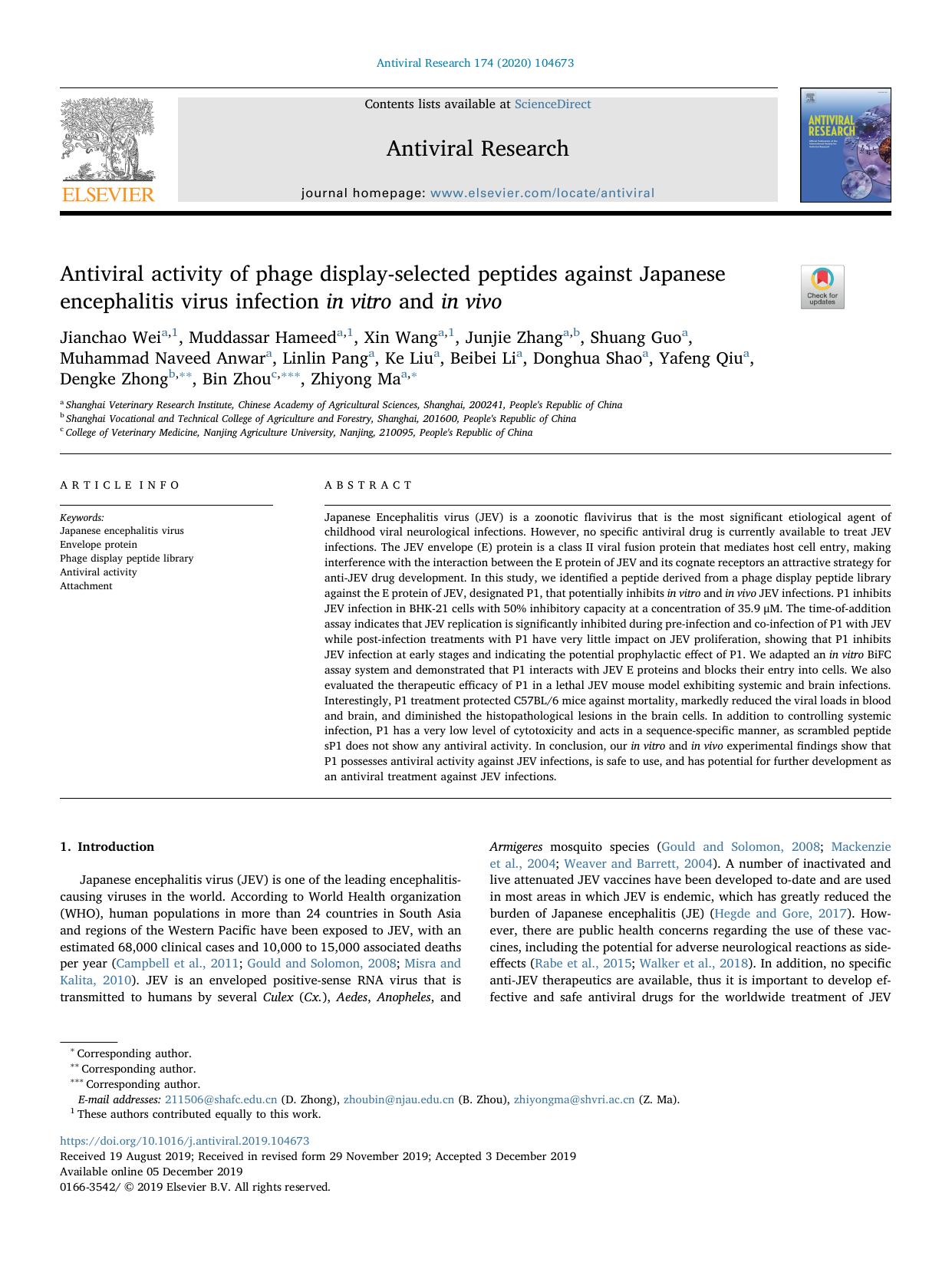 Antiviral activity of phage display-selected peptides against Japanese encephalitis virus infection in vitro and in vivo by unknow