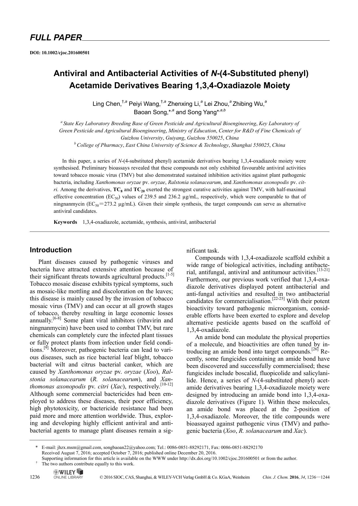 Antiviral and Antibacterial Activities of N(4Substituted phenyl) Acetamide Derivatives Bearing 1,3,4Oxadiazole Moiety by Administrator