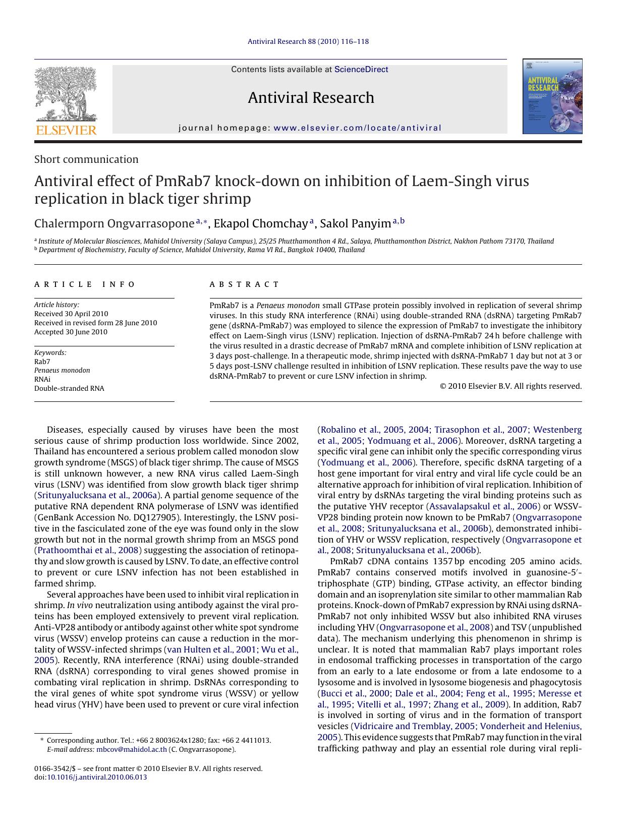 Antiviral effect of PmRab7 knock-down on inhibition of Laem-Singh virus replication in black tiger shrimp by Chalermporn Ongvarrasopone