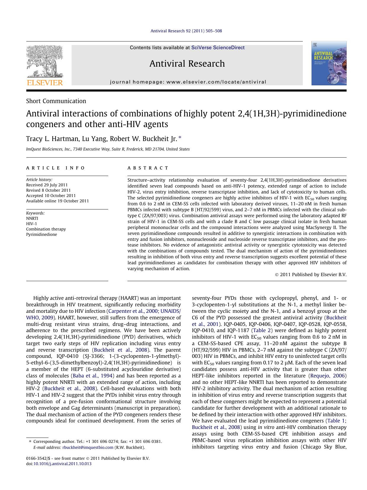 Antiviral interactions of combinations of highly potent 2,4(1H,3H)-pyrimidinedione congeners and other anti-HIV agents by Tracy L. Hartman & Lu Yang & Robert W. Buckheit Jr
