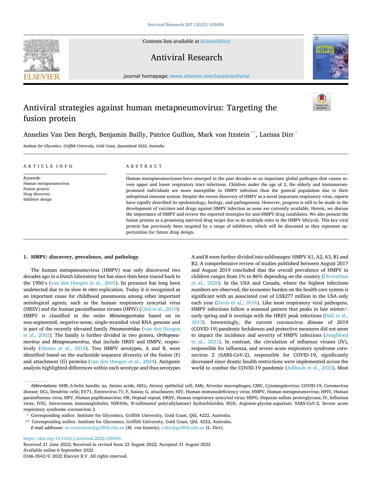 Antiviral strategies against human metapneumovirus: Targeting the fusion protein by Annelies Van Den Bergh & Benjamin Bailly & Patrice Guillon & Mark von Itzstein & Larissa Dirr