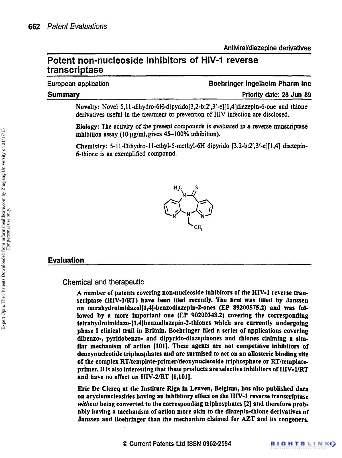 AntiviralDiazepine Derivatives: Potent Non-Nucleoside Inhibitors of HIV-1 Reverse Transcriptase by Unknown
