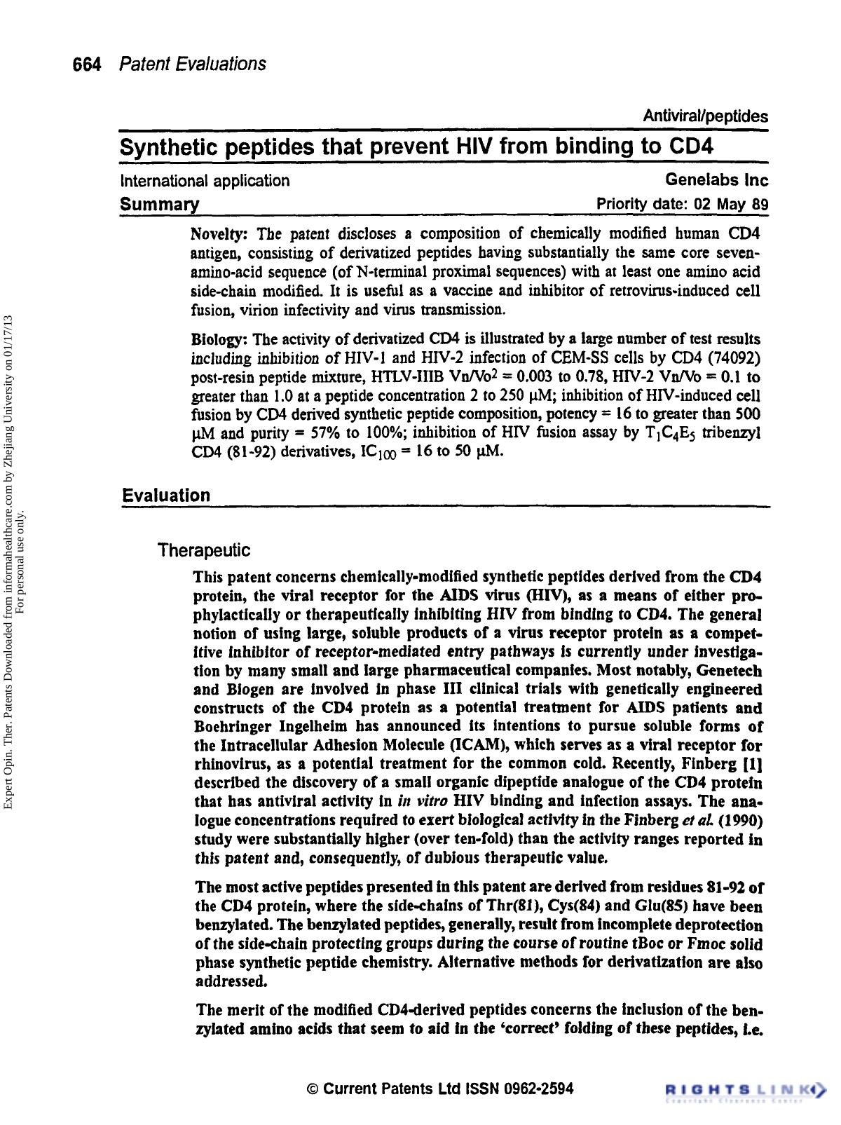 AntiviralPeptides: Synthetic Peptides that Prevent HIV from Binding to CD4 by Unknown