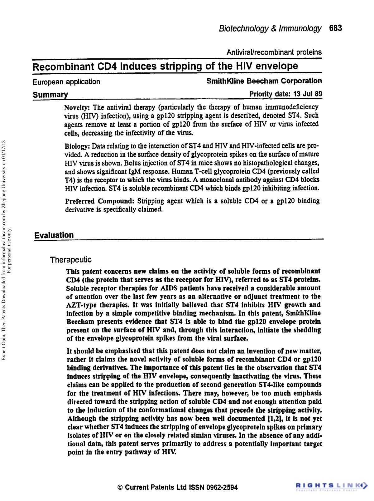 AntiviralRecombinant Proteins: Recombinant CD4 Induces Stripping of the HIV Envelope by Unknown